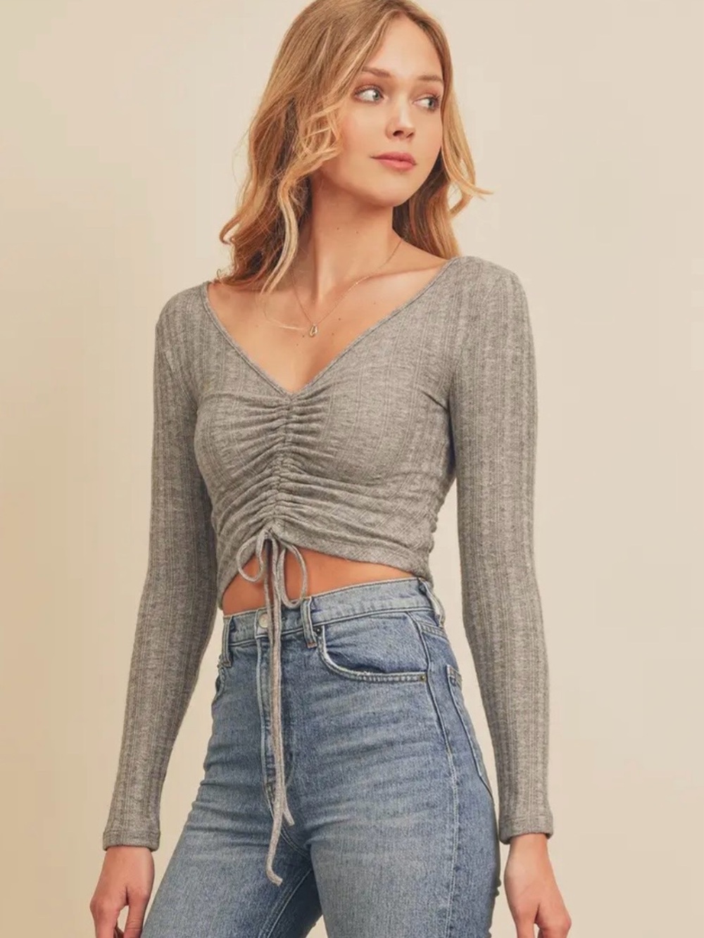 Antistar Charcoal Ruched V-Neck Long Sleeve Tee